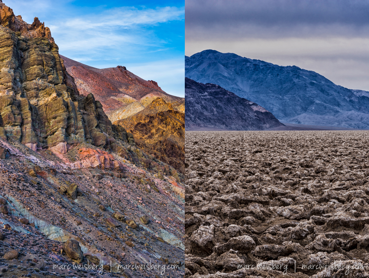 Two views:  (l) Titus Canyon just before sunset and Bad Water looking North.  As the earth dries after the rains, the salt pushes up the mud and for miles the earth is fractured like a cobbler topping. 