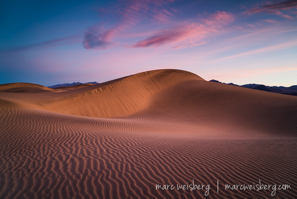Break dawn at Mesquite Dunes 6:44AM and chilly.  We were blessed with some clouds after a lack luster overcast day the day before.  Sony a7s, 24-70 f4 ZA OSS, ISO 200, f8, 1/4 sec.  I'm impressed by the Sony 24-70mm f4 ZA OSS.  Tack sharp edge to edge from f8 all the way through f22.  