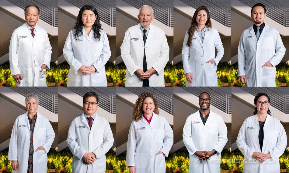 Physician headshots Orange County Irvine — ten doctors in white coats, group portrait by Marc Weisberg