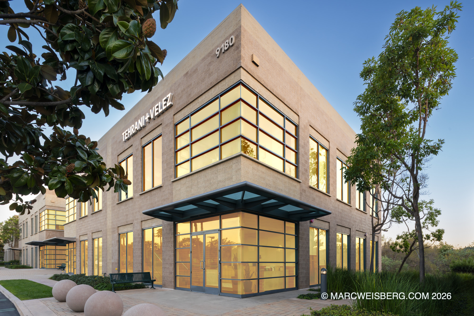 Tehrani + Velez CPA office exterior photographed at dusk in Irvine, Orange County by Marc Weisberg